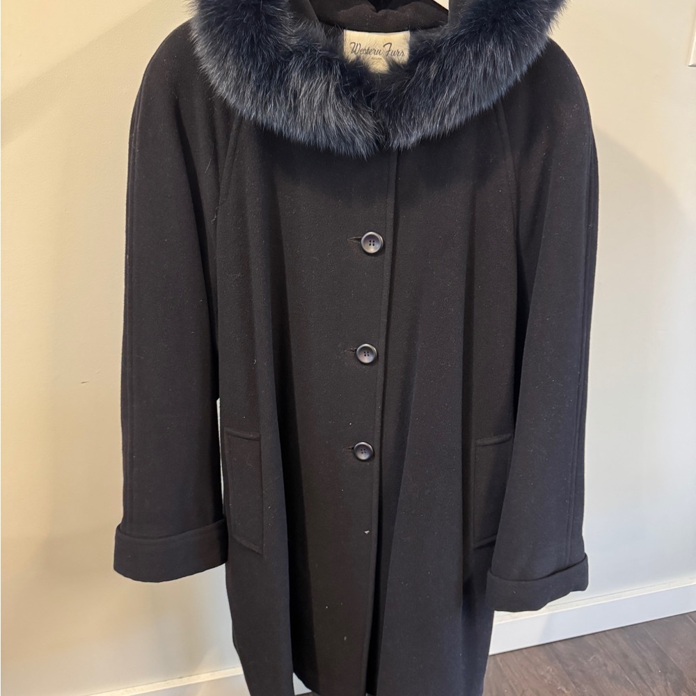 Blue Pea Coat with Plush Fur Collar and Wool Blend